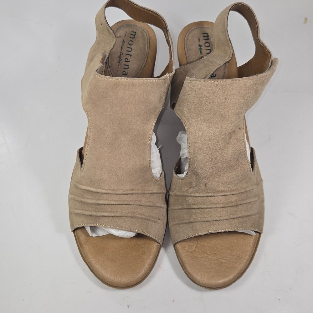 Montana Artisan‎ Crafted Leather Block Heel Sandals Womens 11 Tan Suede Pleated - Picture 2 of 7
